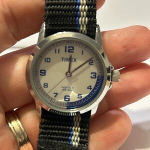 Timex Silver Watch with Black and Blue Strap